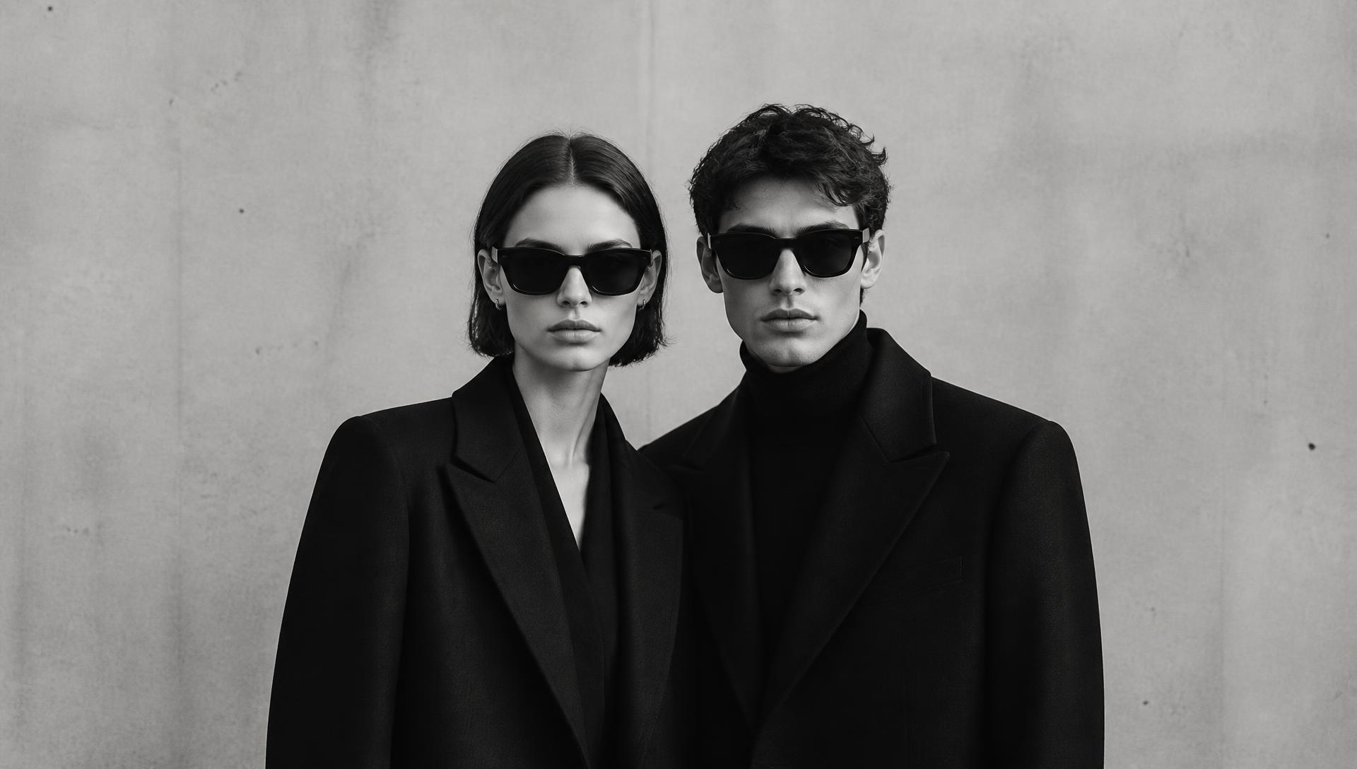INAX campaign: two models in tailored black coats wearing black sunglasses against a concrete wall