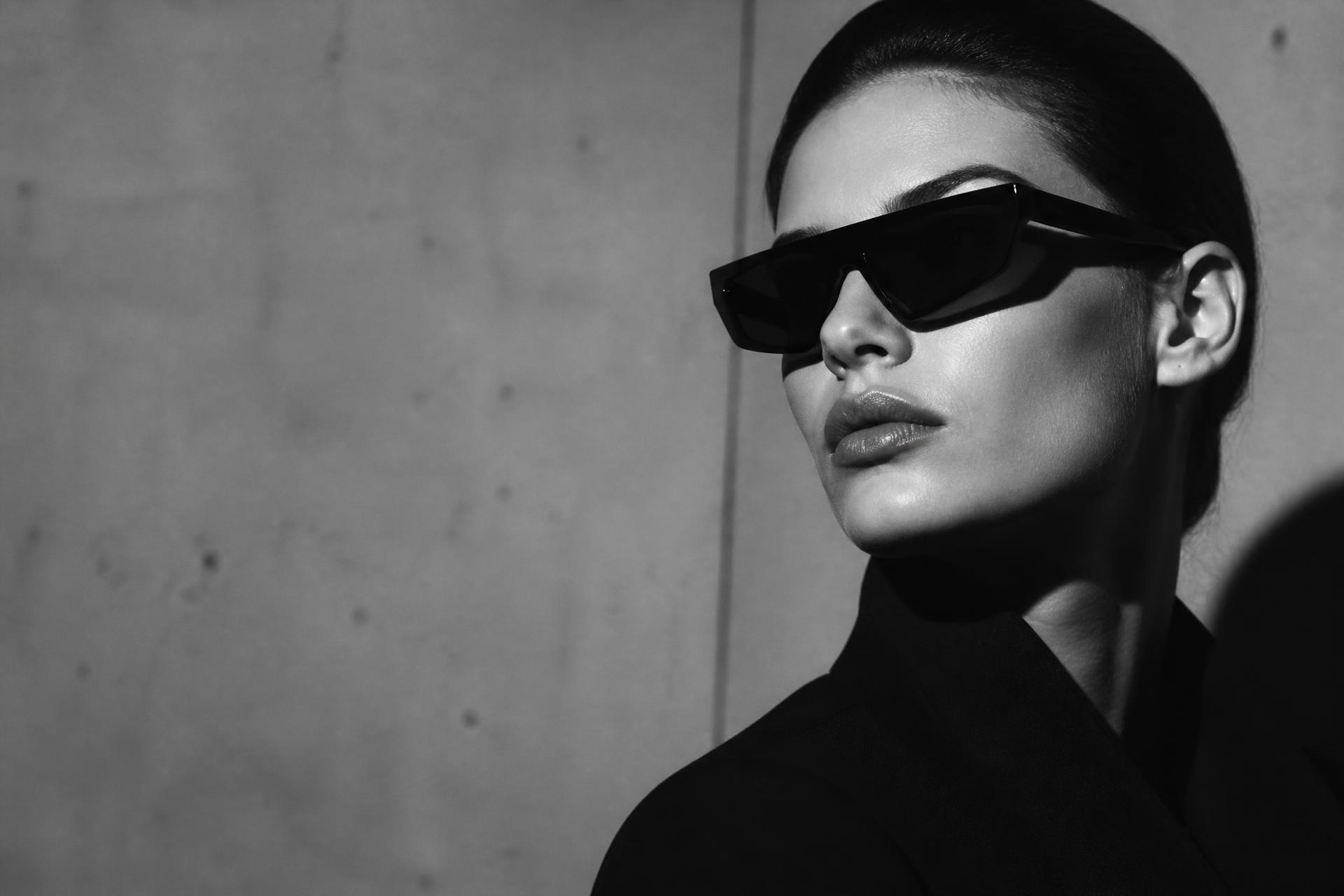 Black and white fashion portrait of a model wearing INAX angular sunglasses