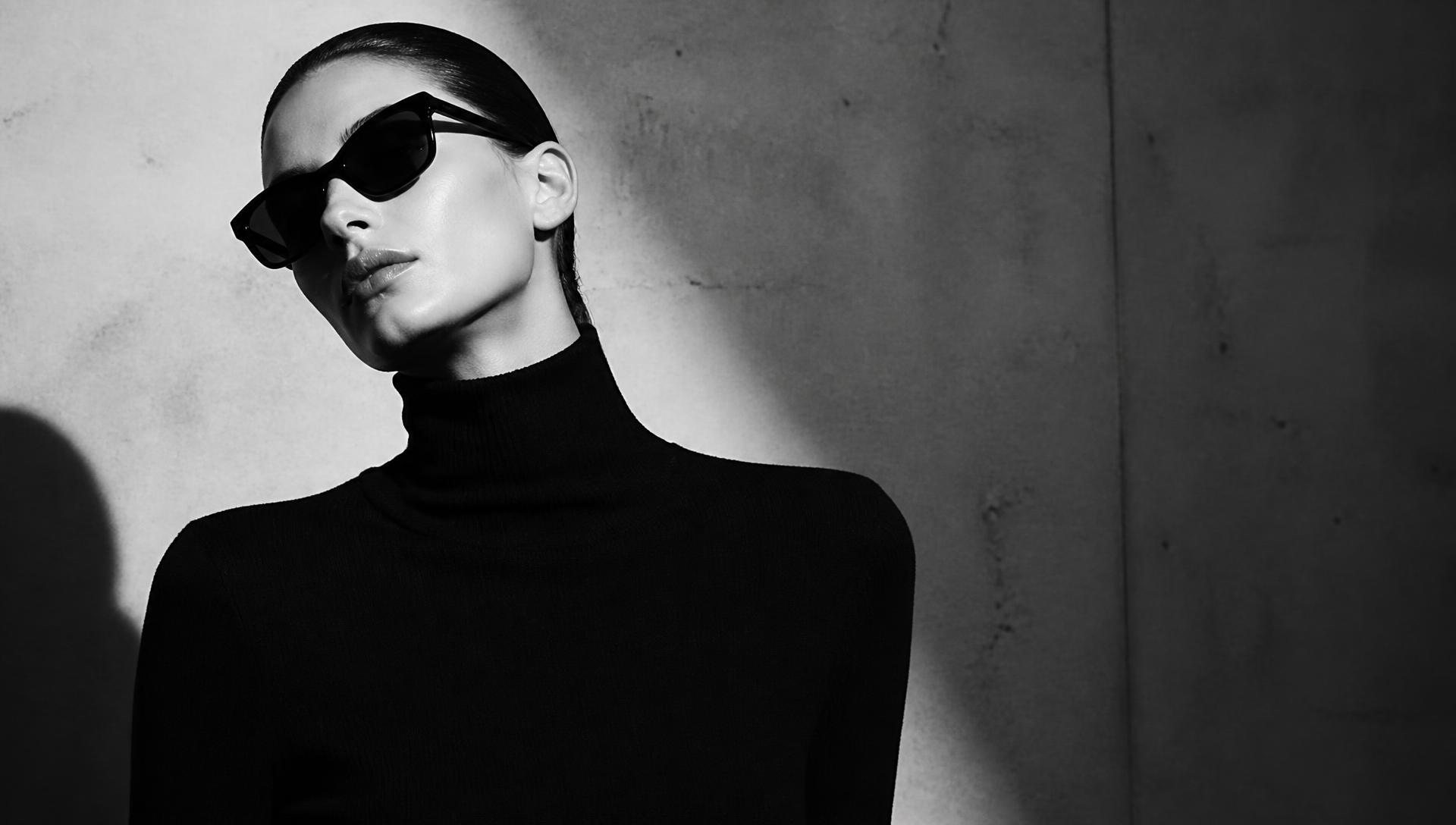 Monochrome editorial portrait of a model in a black turtleneck wearing bold INAX sunglasses
