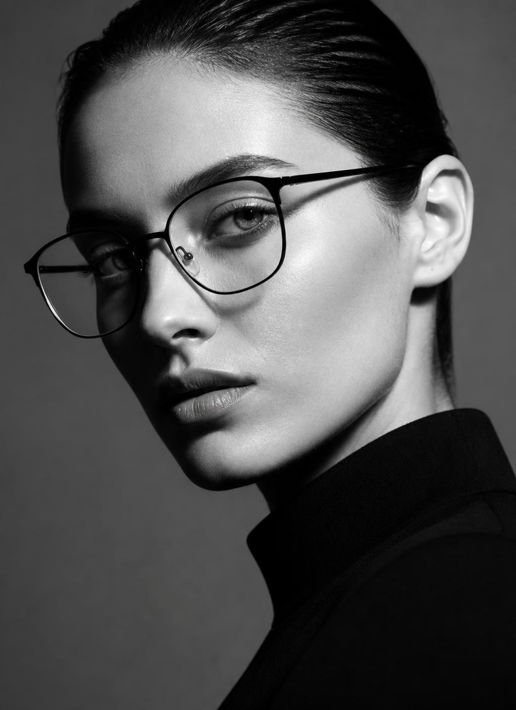 Editorial monochrome portrait of a model in slim INAX optical frames
