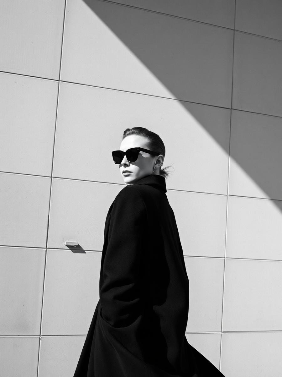 Model in a black coat and narrow INAX sunglasses against a concrete wall
