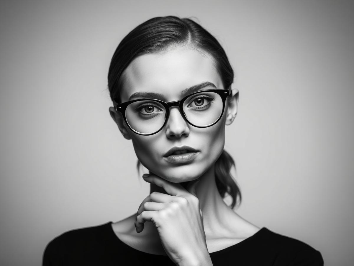 Studio portrait of a model in thin-rimmed INAX optical glasses